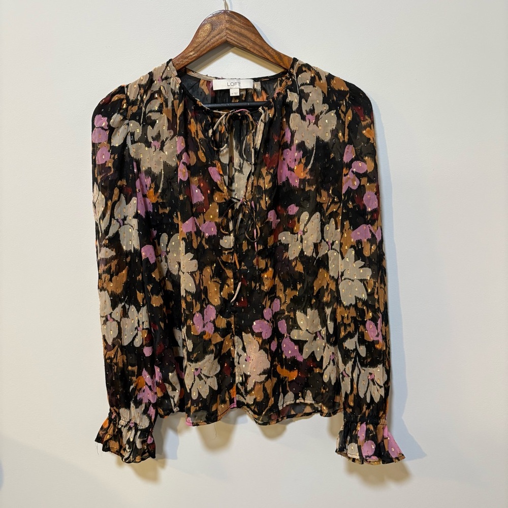 LOFT Floral Sheer Chiffon Blouse | Women’s Medium | Tie Front Long Sleeve